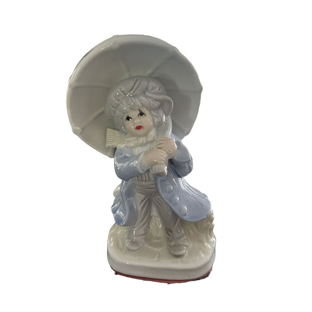 Vtg. Porcelain Figurine "A Rainy Day" Boy With‎ Umbrella  Pale Blue/White 6.5"